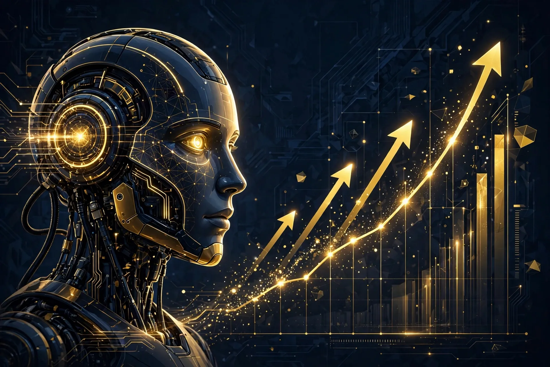 AI robot facing rising gold search ranking arrows