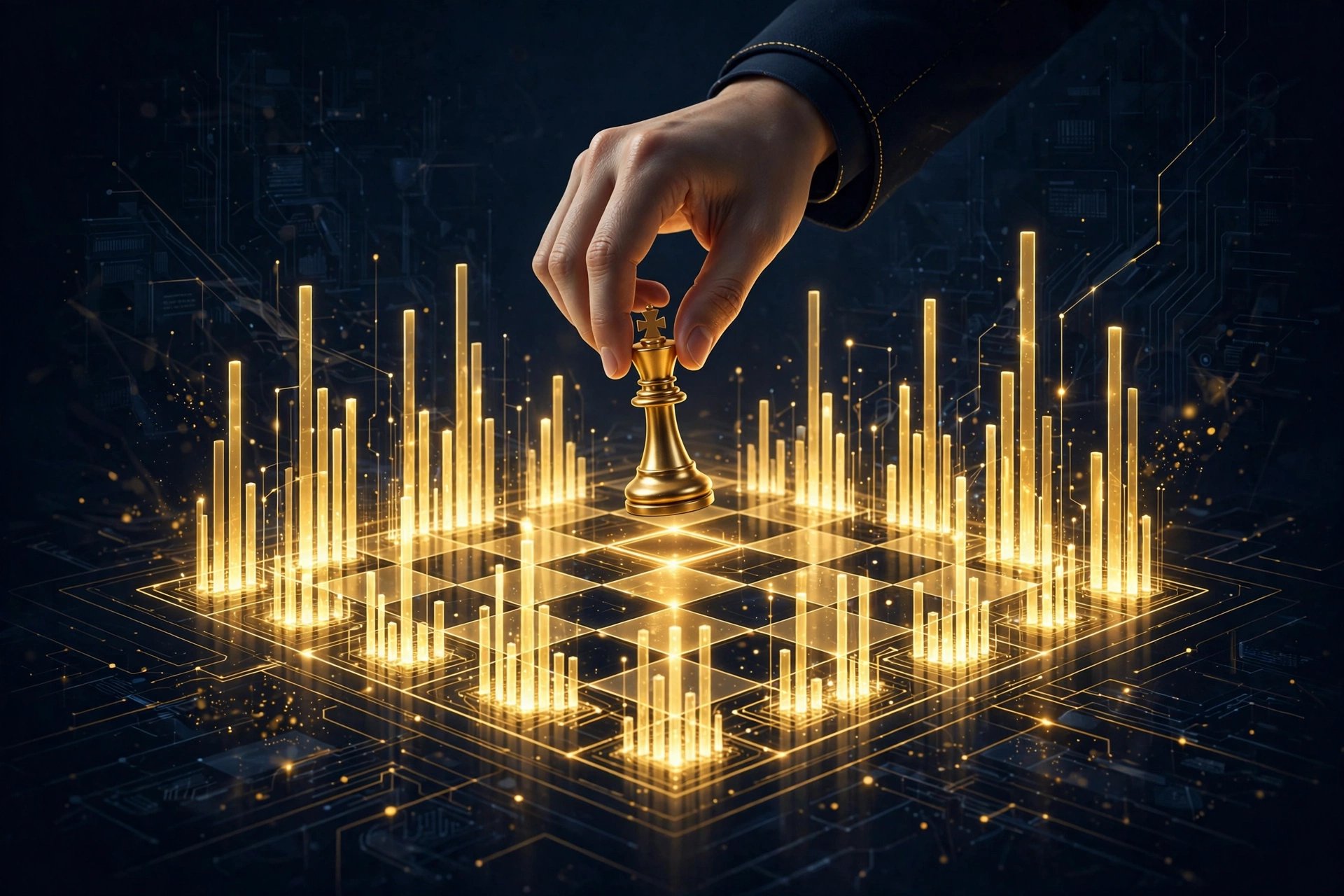 Human hand moving a chess piece on glowing SEO ranking bars